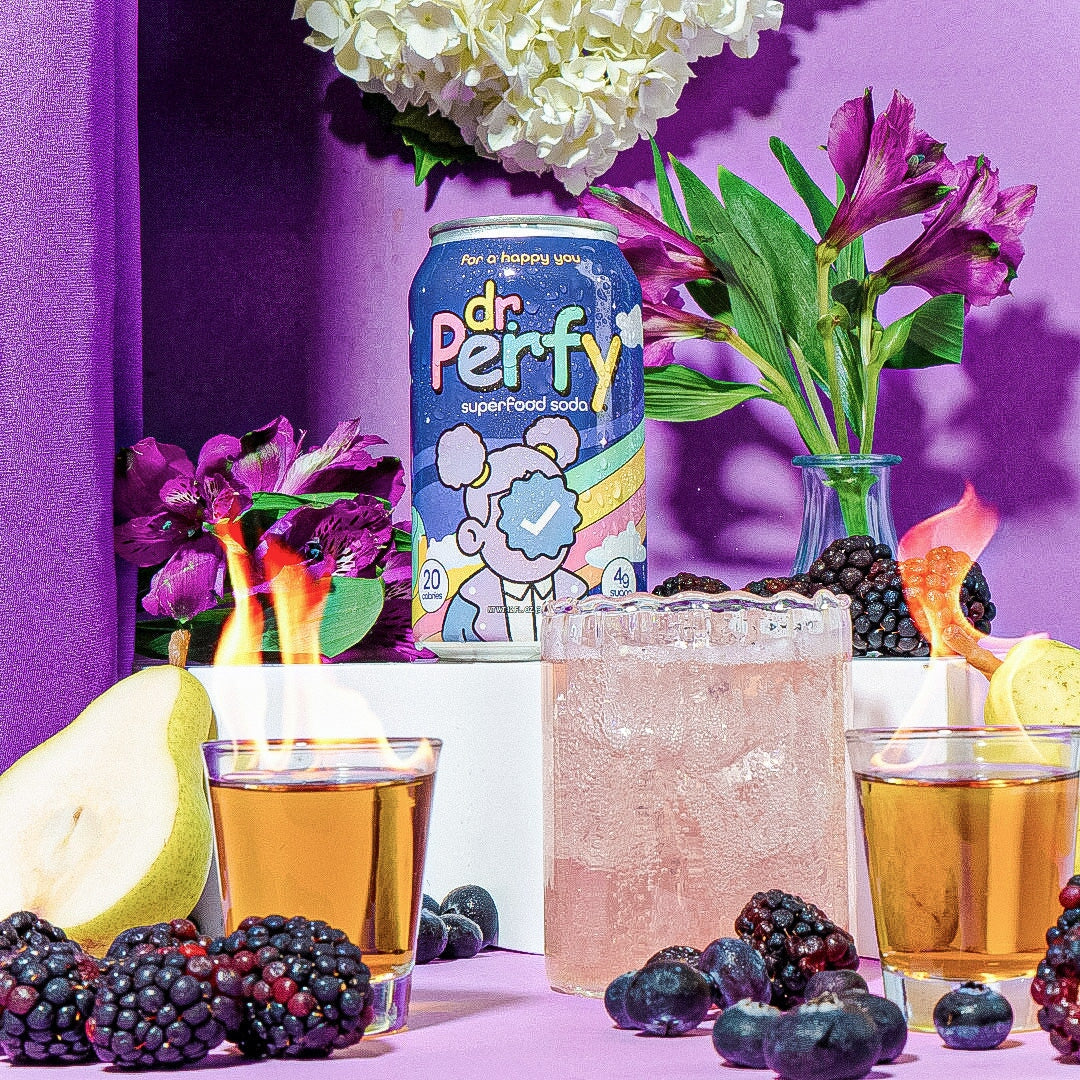 Flaming Dr. Perfy cocktail made with Dr. Perfy soda