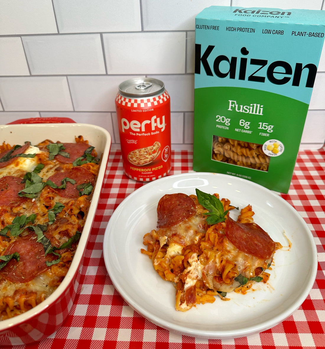 Perfy + Kaizen Pepperoni Pizza Pasta Bake