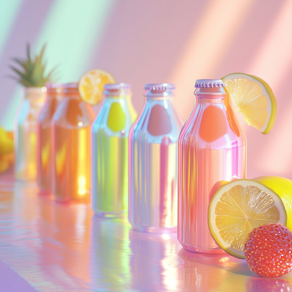 a table filled with soda alternatives and fresh fruit.